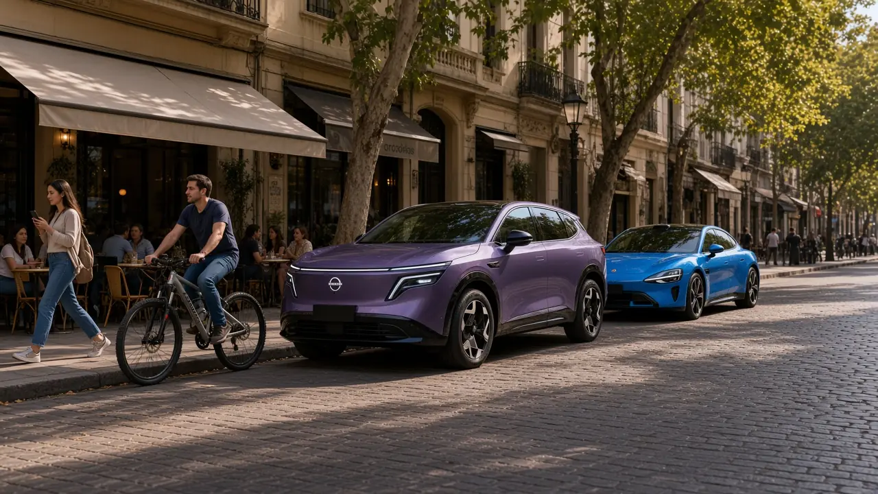 Nissan NX8 y Xiaomi SU7 en una calle de cafés de Palermo, Buenos Aires, con un ciclista y clientes de café