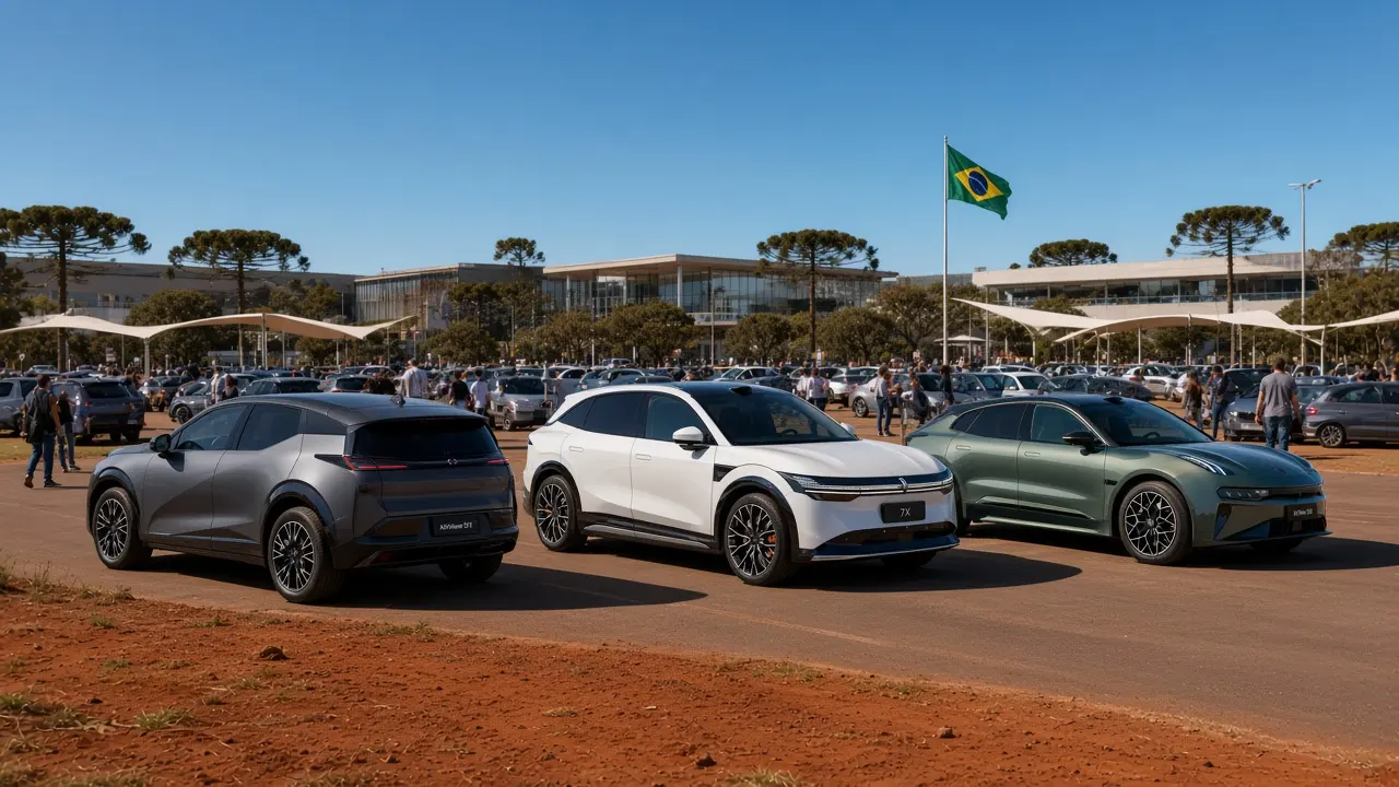 Zeekr X, Zeekr 7X and Zeekr 001 at an outdoor auto exhibition in Brasília, September 2026