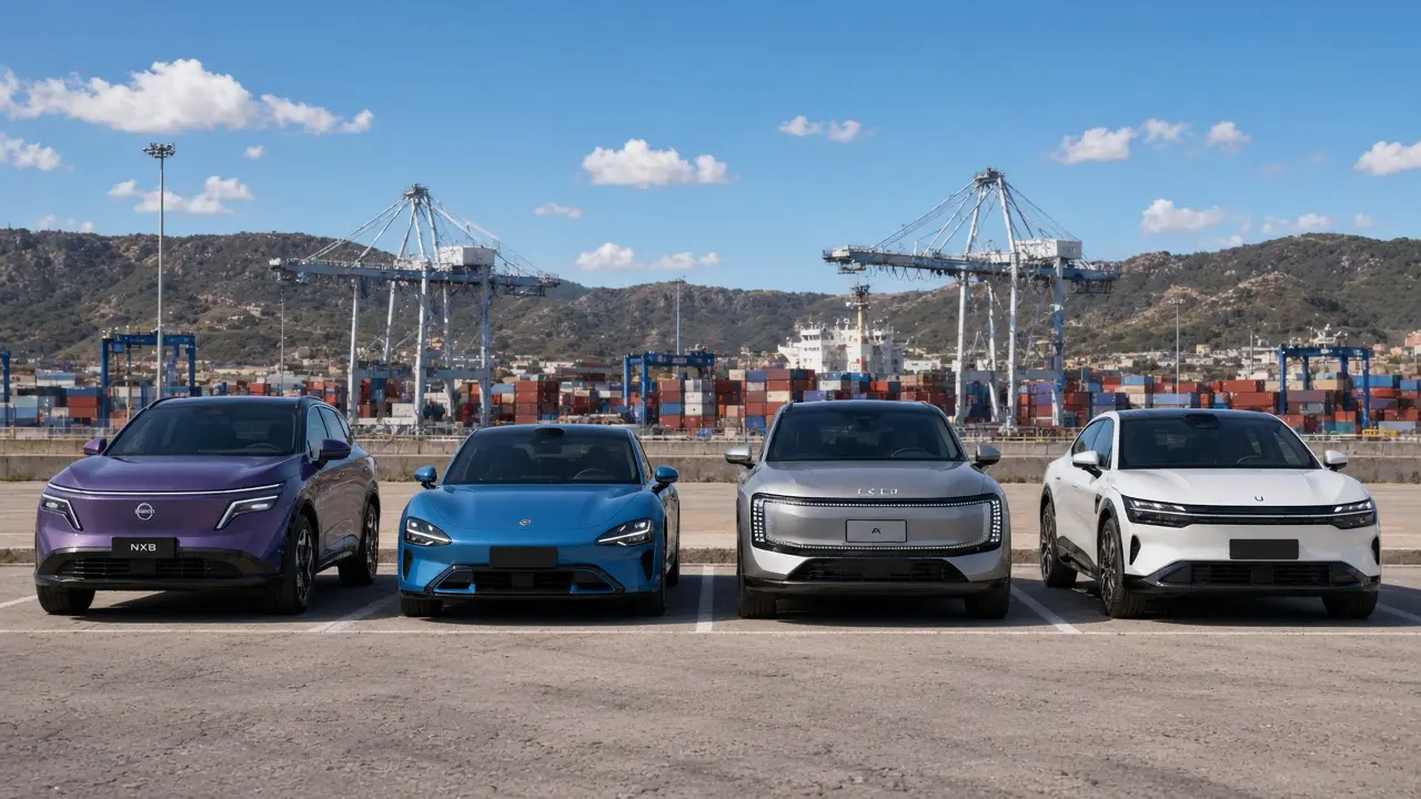 Nissan NX8, Xiaomi SU7, AUDI E7X and Zeekr 7X in different colors on the San Antonio apron