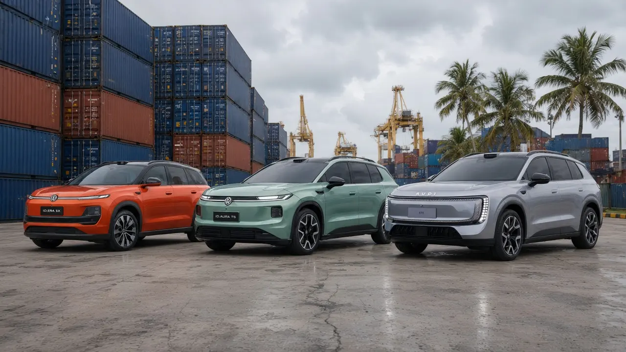 SAIC Volkswagen ID.ERA 5X, FAW-Volkswagen ID.AURA T6 and SAIC Audi E7X on the Moín container apron, Limón