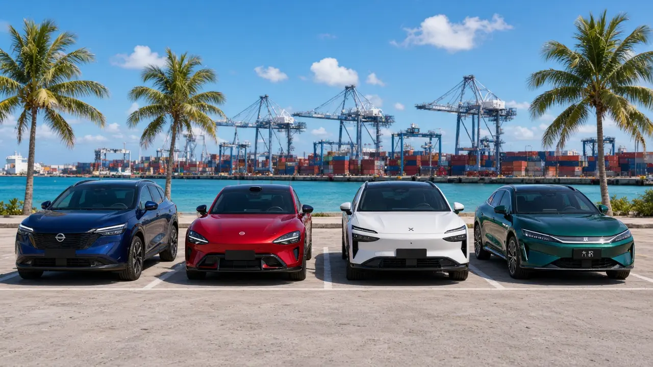 Nissan NX8, Xiaomi YU7, Zeekr 7X y BYD Han de distintos colores en la explanada de Caucedo