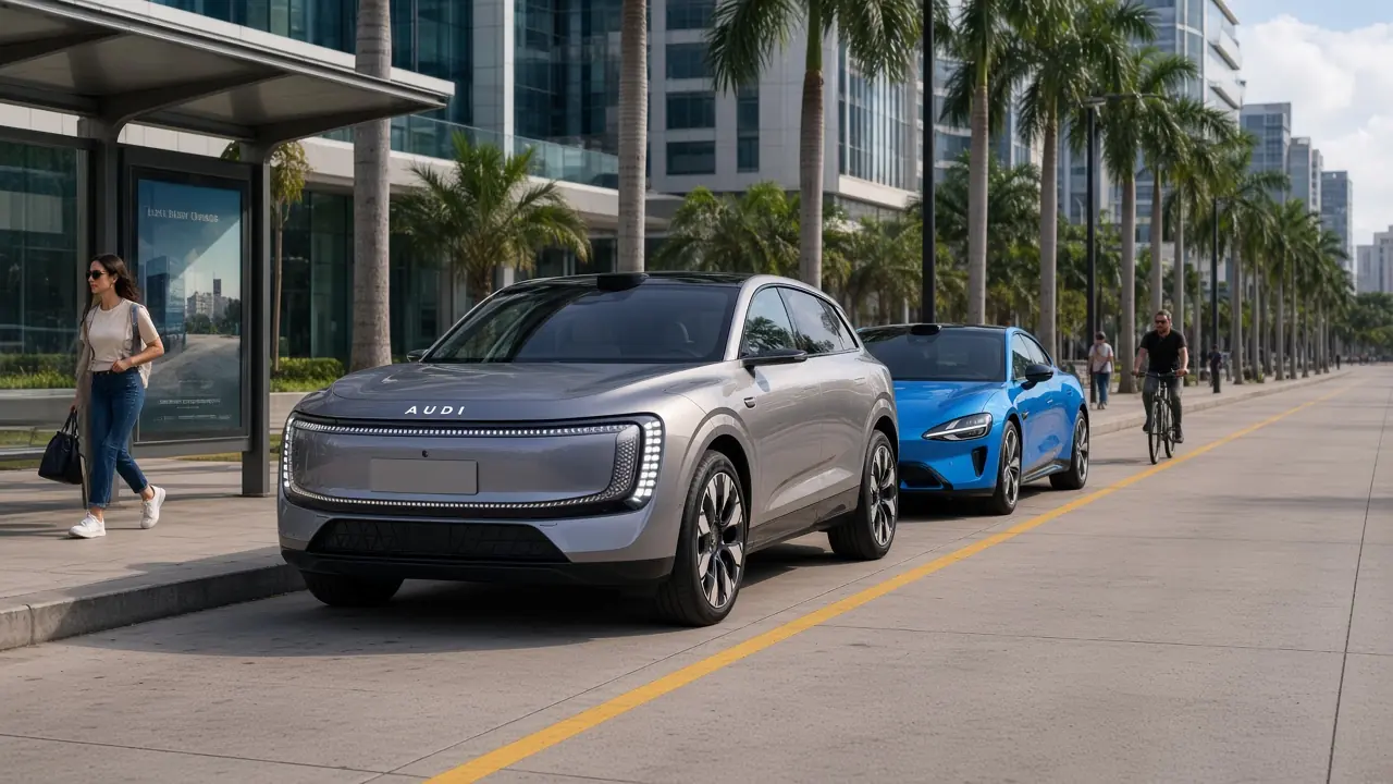 AUDI E7X y Xiaomi SU7 estacionados junto al cordón en la Avenida Winston Churchill de Santo Domingo, espera del bus y ciclista en la acera