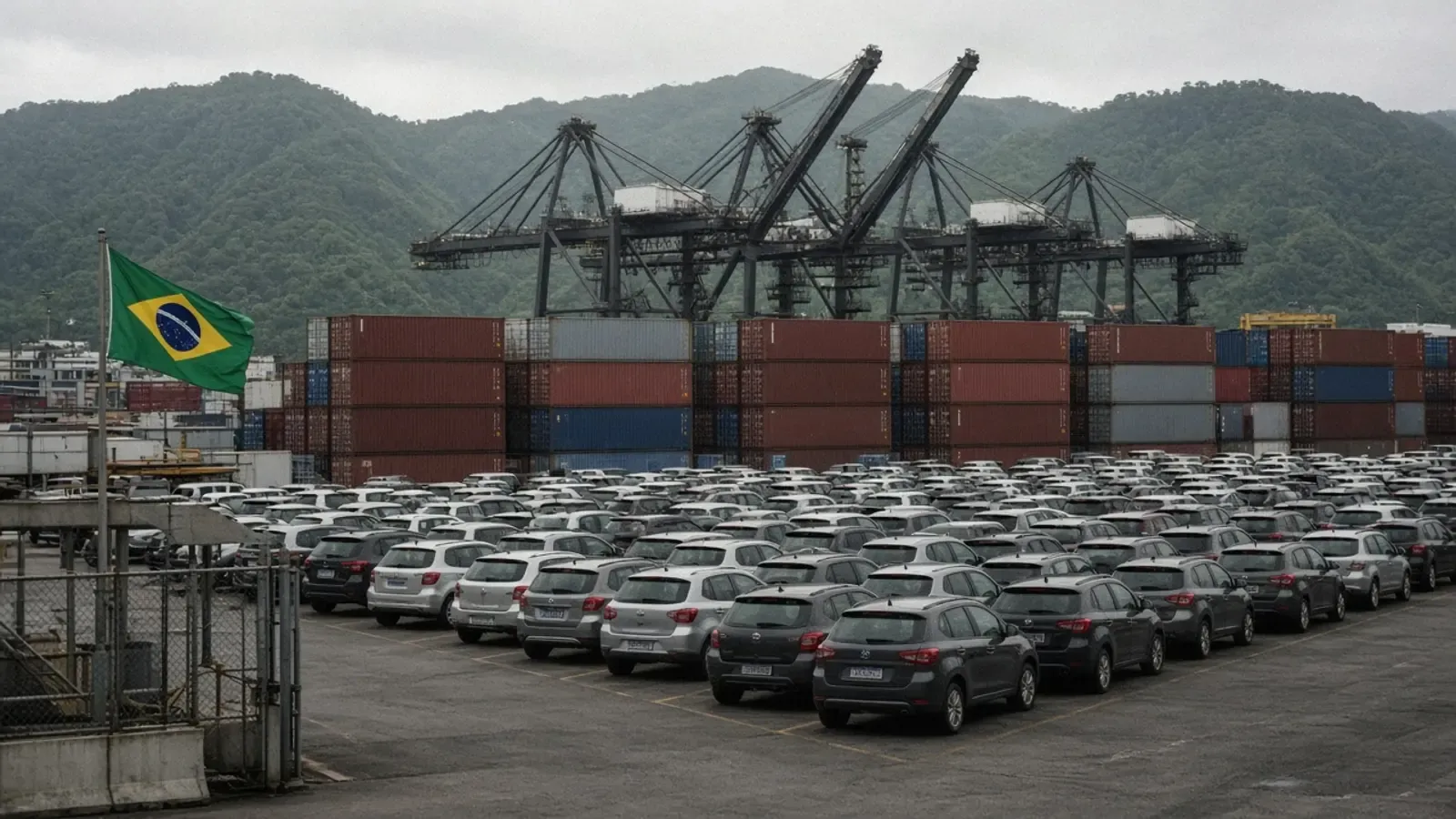 Porto de Santos. Os carros nas filas de espera são a descarga do Brasil, não um substituto de cada porto latino-americano.