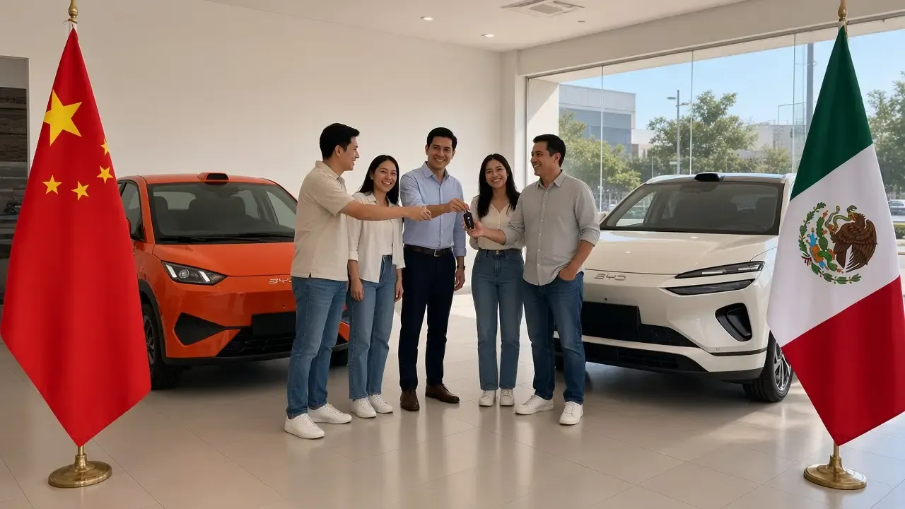 Handover in a Mexican dealer showroom: 2026 Seagull and Sealion 06 EV, with the flags of China and Mexico on floor stands