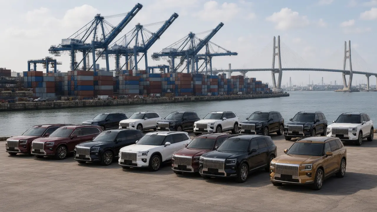 Zeekr 8X y Zeekr 9X estacionados en la explanada de contenedores de Balboa, canal de Panamá