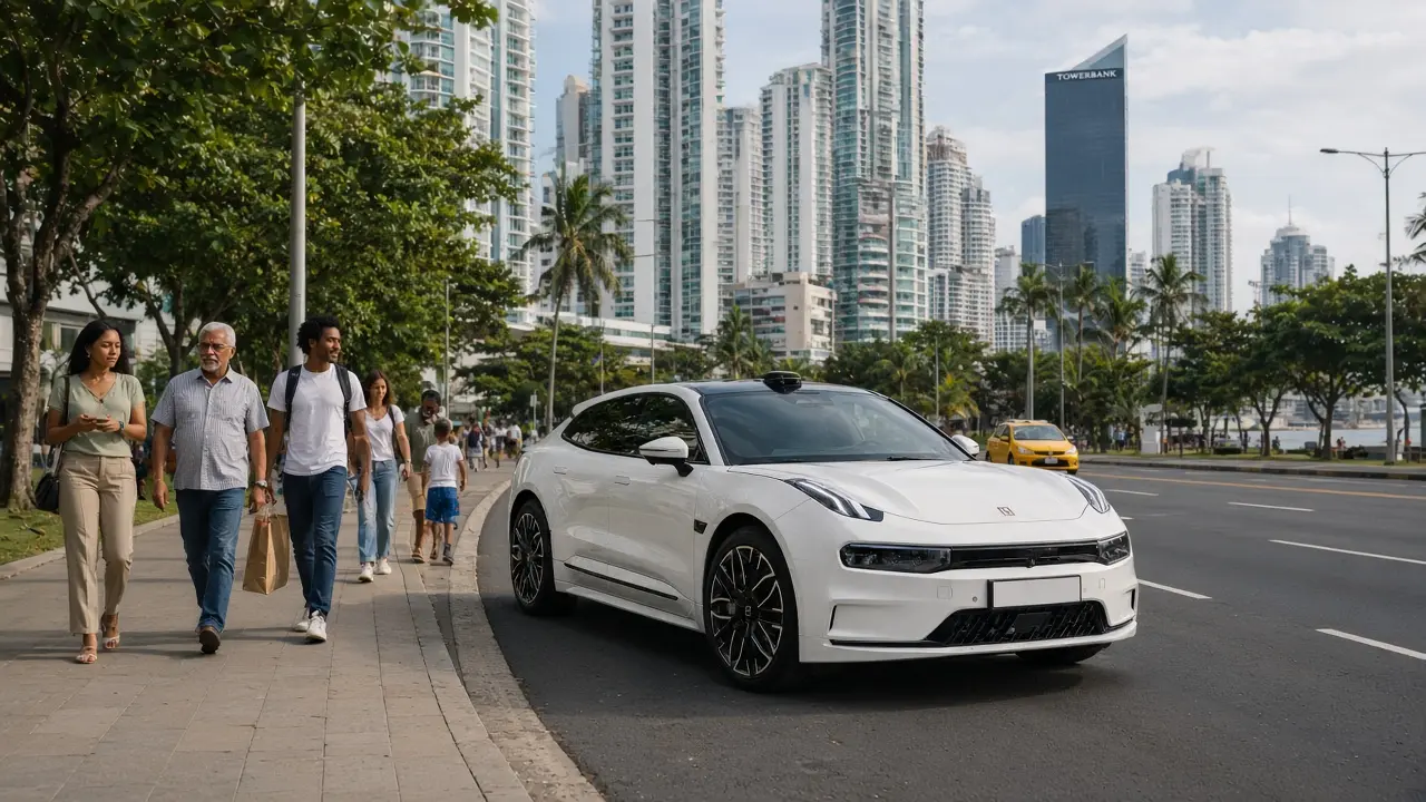 Zeekr 001 blanco en la Avenida Balboa de la ciudad de Panamá