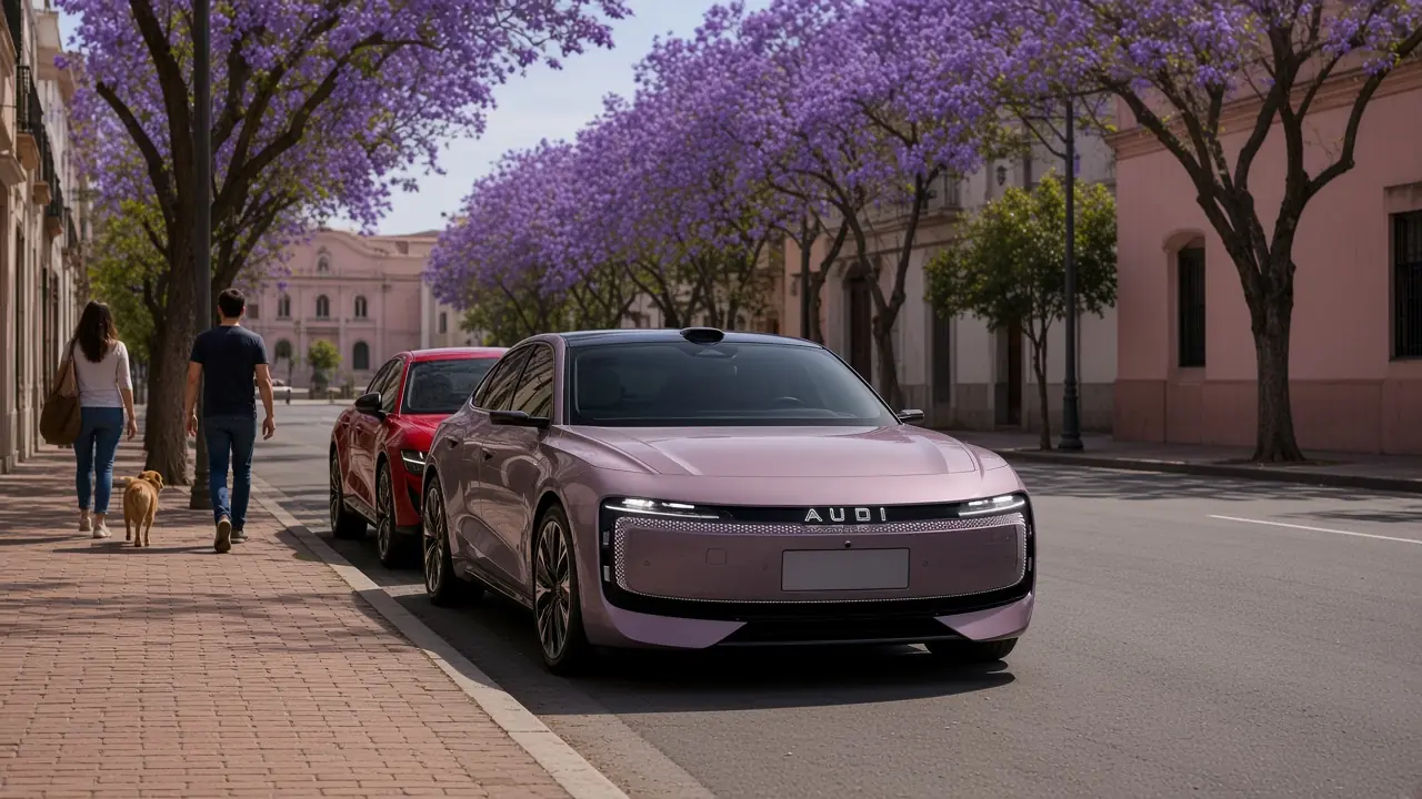 Lilac AUDI E5 Sportback and red Xiaomi YU7 parked at the curb by the Palacio de López, Asunción, dog walker on the sidewalk