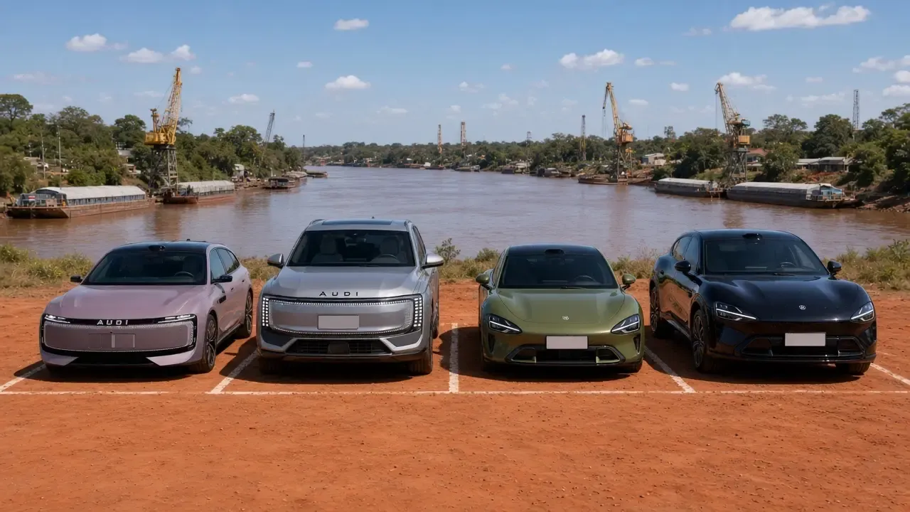 AUDI E5 Sportback, AUDI E7X, Xiaomi SU7 Max and Xiaomi YU7 Max at the Villeta river port