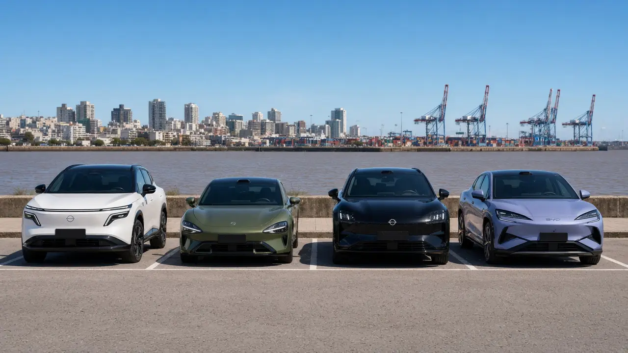 Nissan NX8, Xiaomi SU7 and BYD Sealion 07 in different colors on the Montevideo apron