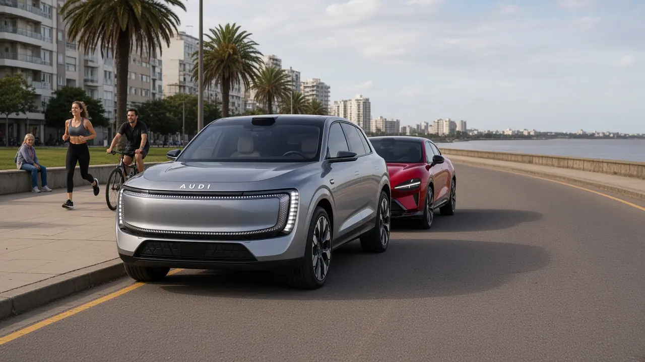 AUDI E7X and Xiaomi YU7 parked along the Pocitos rambla in Montevideo, jogger and cyclist on the promenade